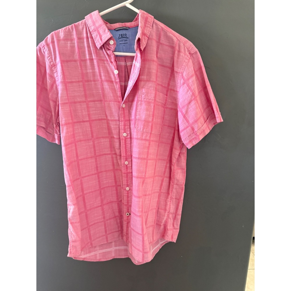 IZOD Saltwater Relaxed‎ Classics Mens Large Pink Windowpane Short Sleeve Shirt